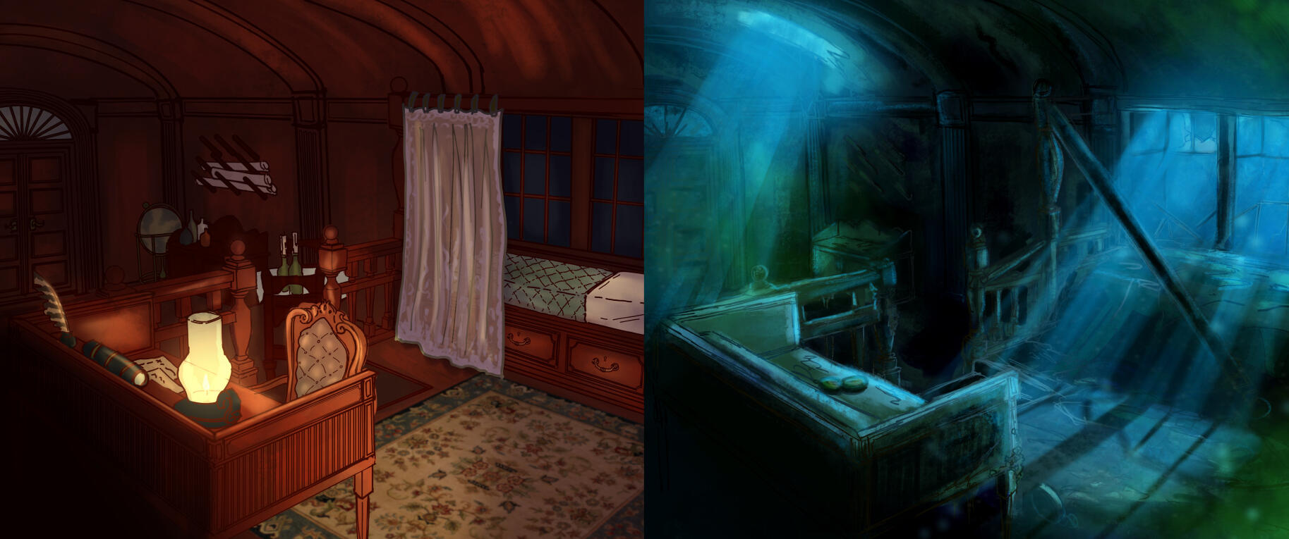 Captain's cabin before and after shipwreck concept
